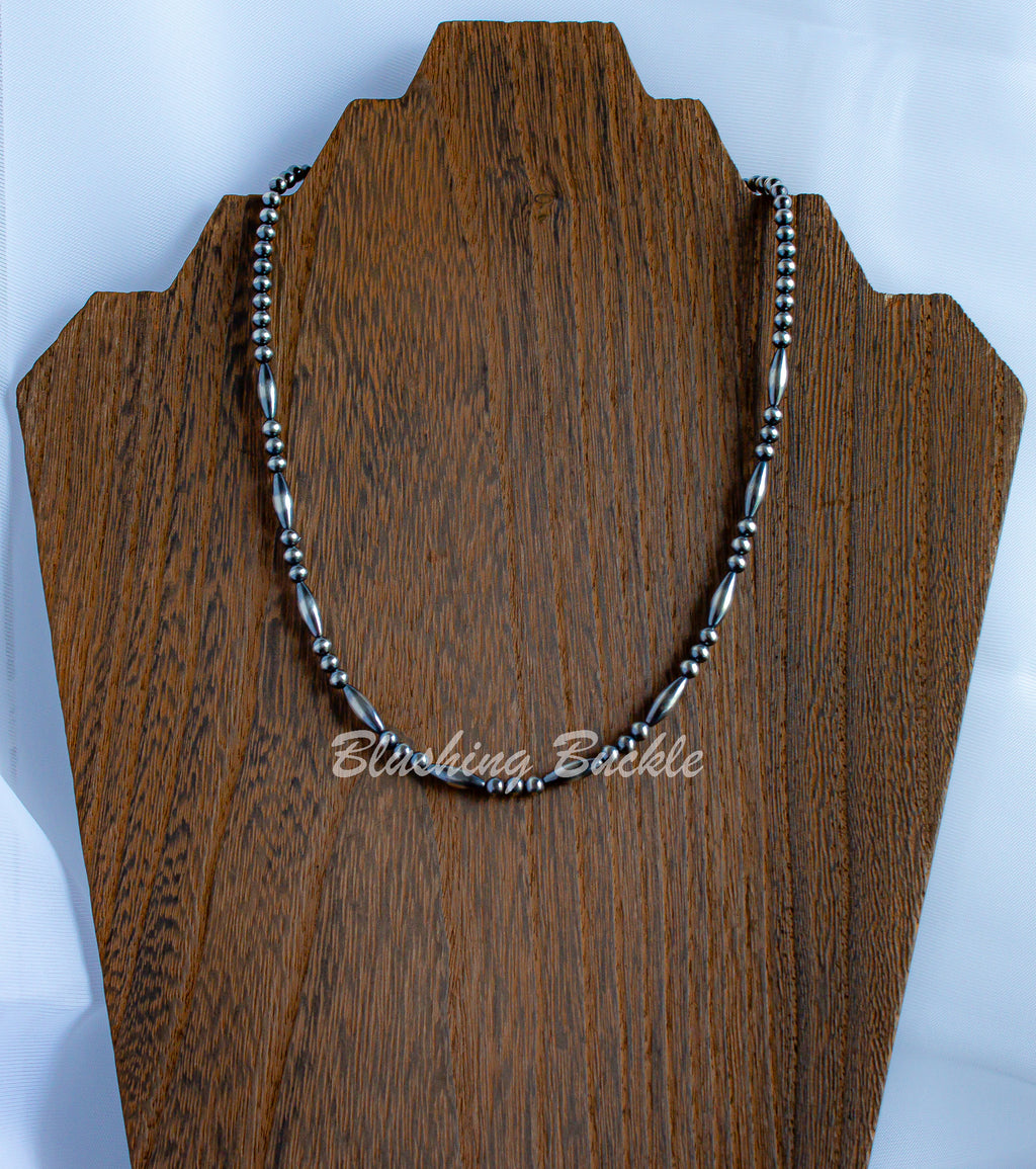 18" Torpedo and 4mm Oxidized Navajo Style 925 Sterling Silver Beaded Necklace
