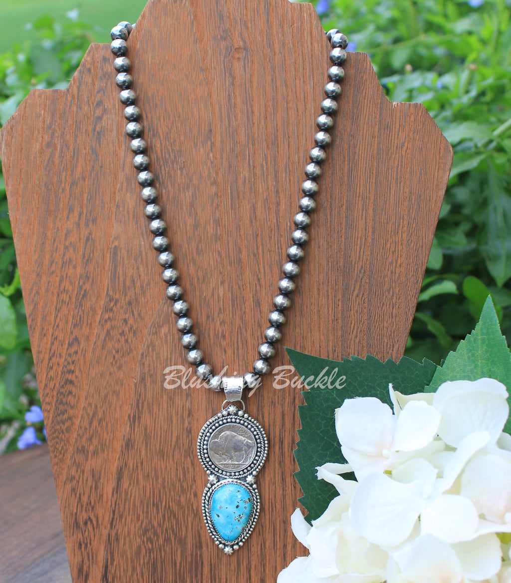 1927 Buffalo Nickel and Whitewater Turquoise Sterling Silver Pendant